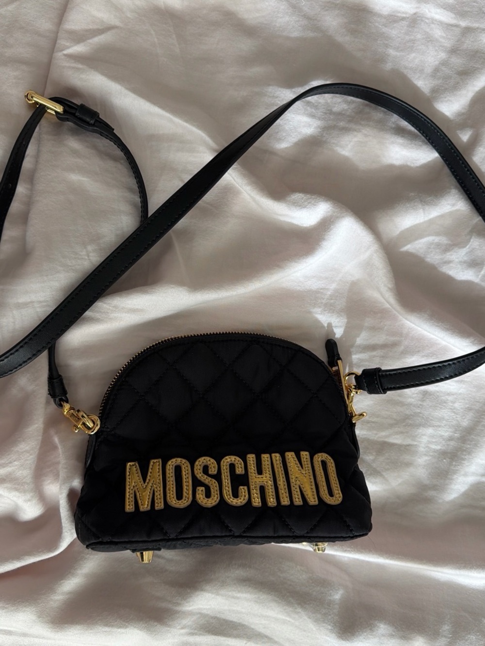 Moschino Black Quilted Mini Crossbody with Gold Logo
